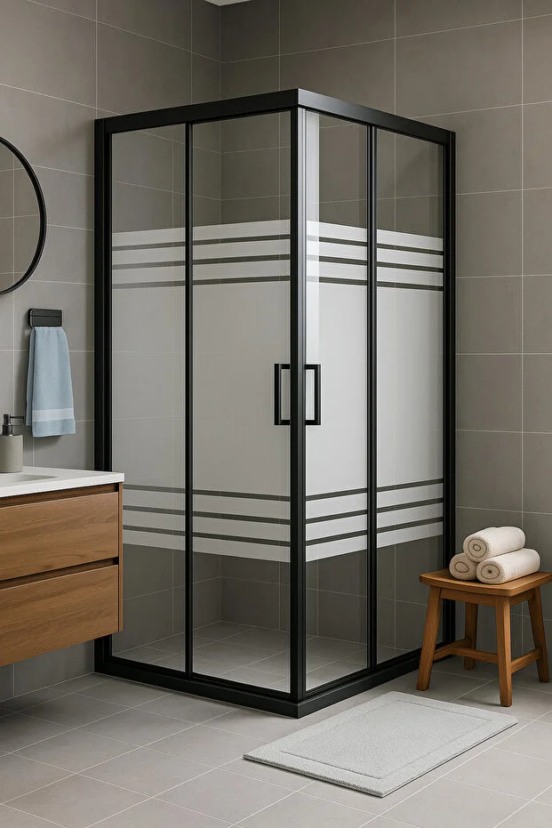 Kare Kumlama Trio Desenli 5 mm Temperli Siyah Profil Sürgülü Cam Duşakabin 190 cm Teknesiz